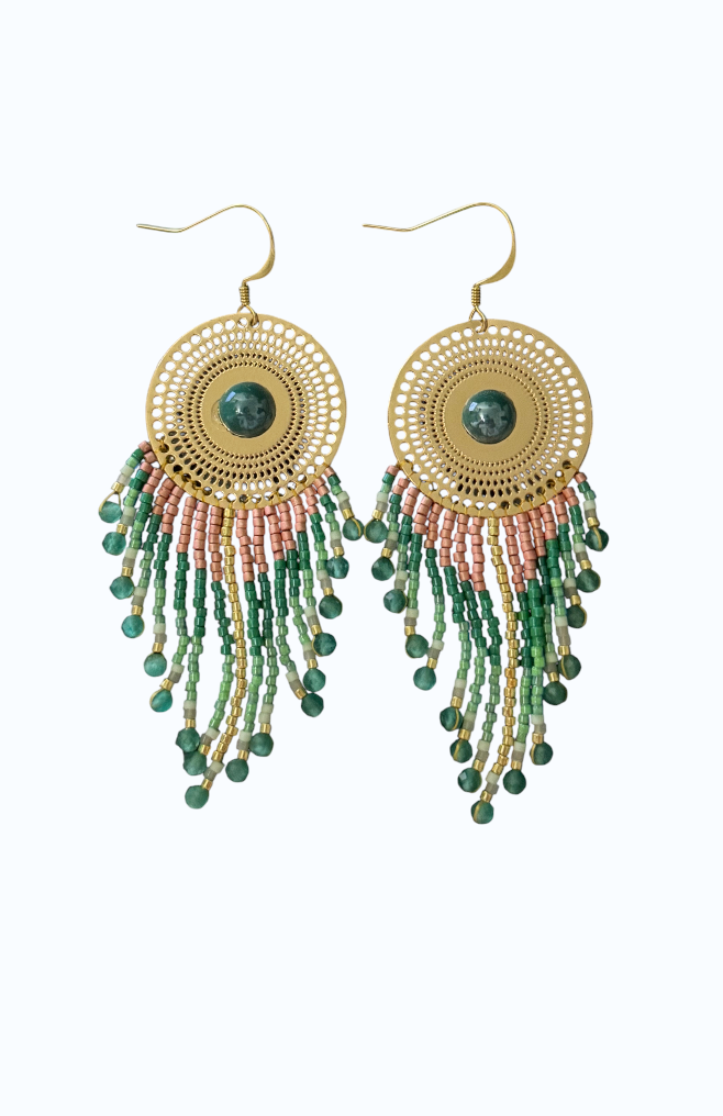 Boucles d'oreilles créoles perles turquoise et rose micasa bijoux