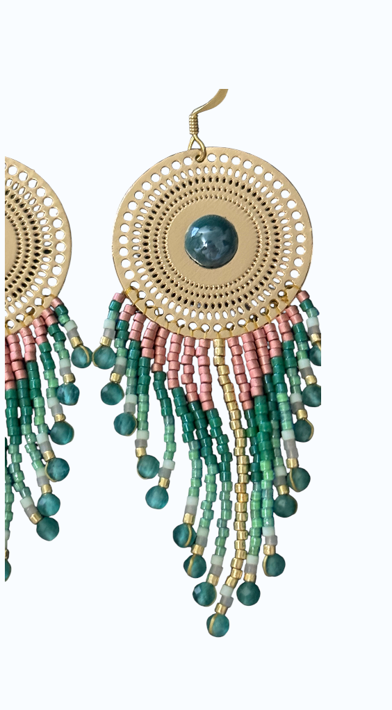 Boucles d'oreilles créoles perles turquoise et rose micasa bijoux