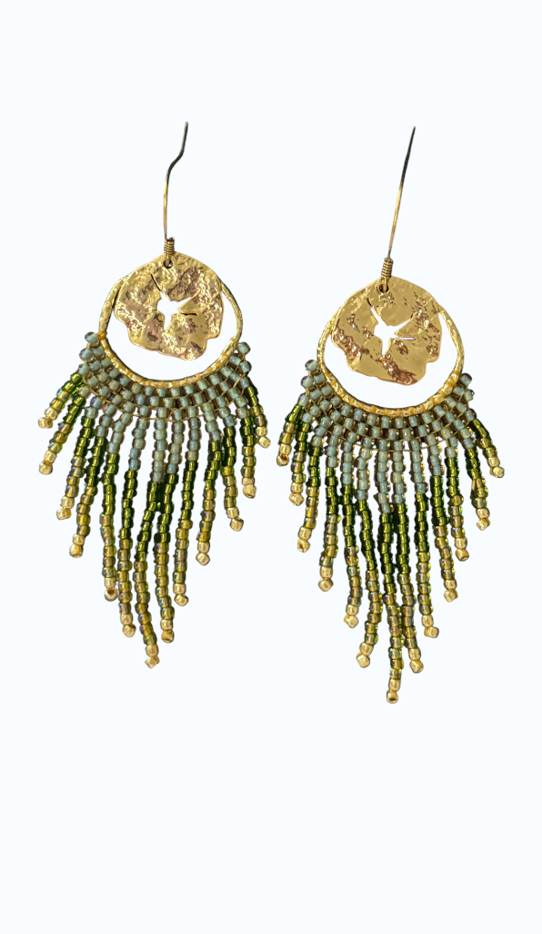 Boucles d'oreilles perles kaki et médaillon martelé micasa bijoux