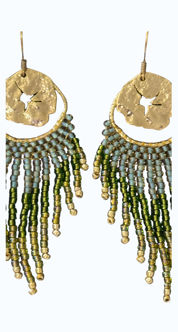 Boucles d'oreilles perles kaki et médaillon martelé micasa bijoux