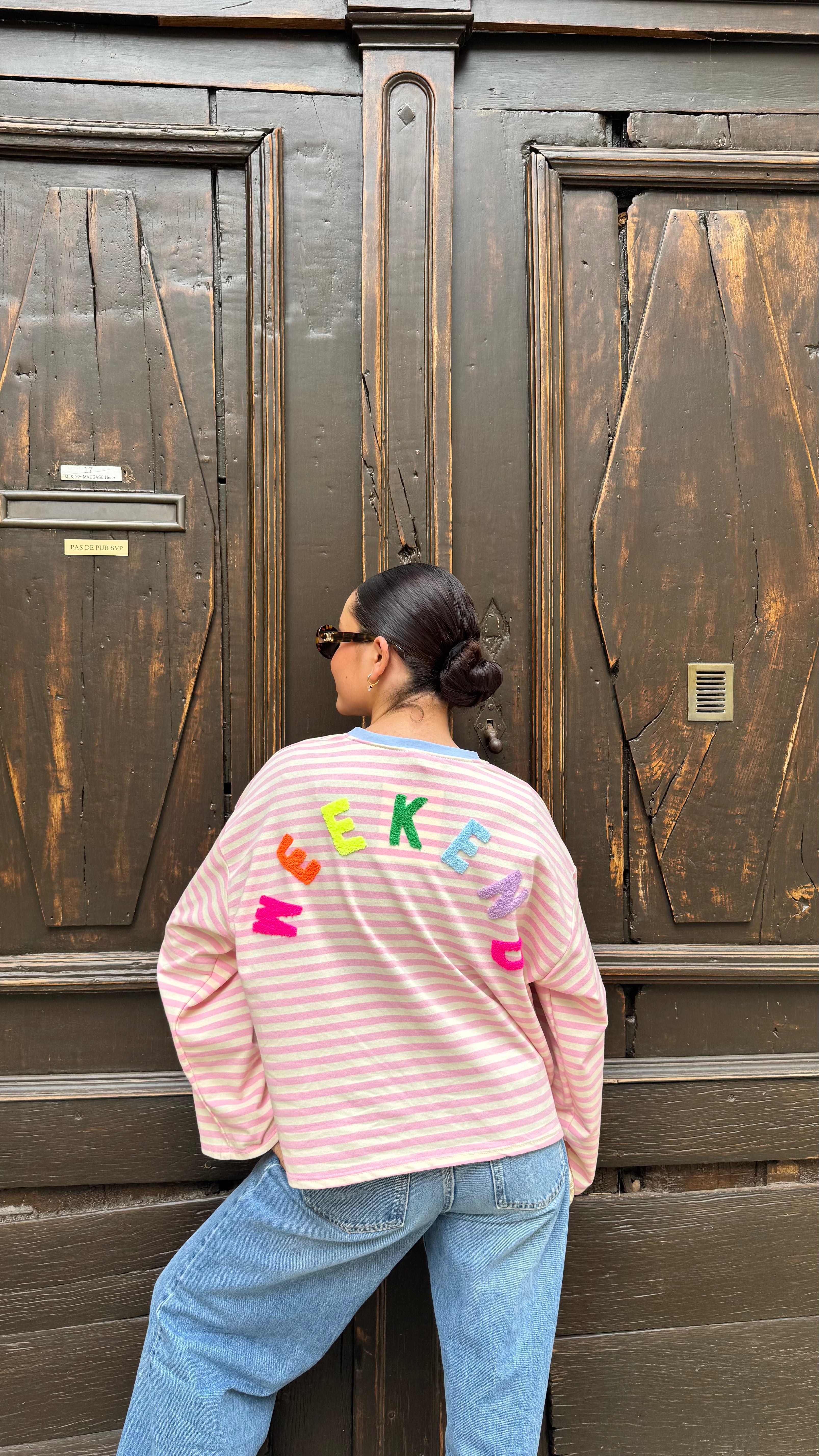 Sweat rayures rose « Weekend »