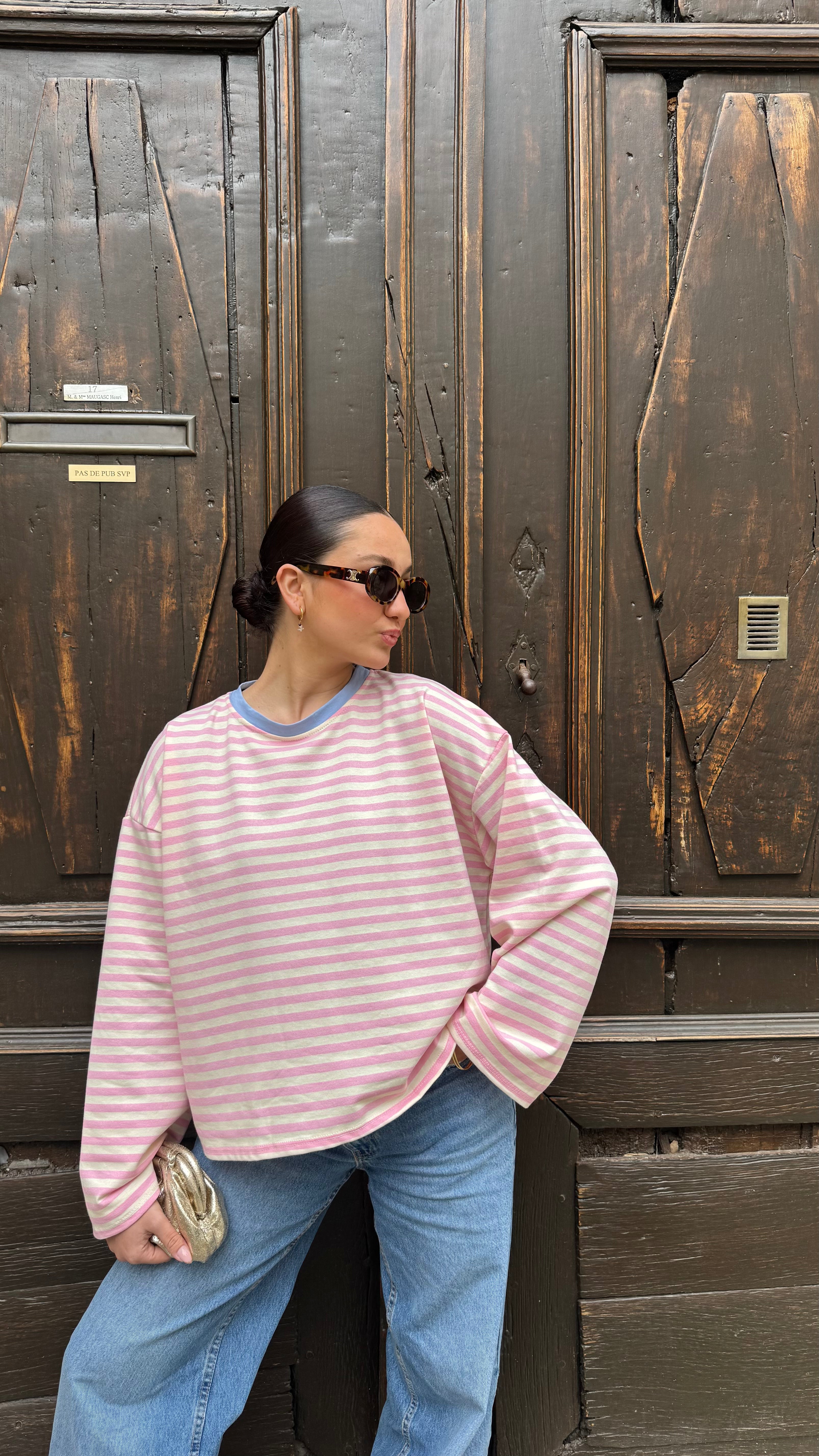 Sweat rayures rose « Weekend »