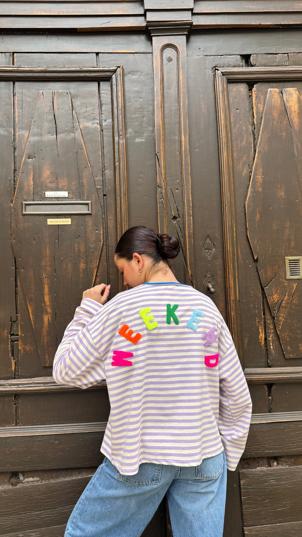 Sweat rayures lilas « Weekend »