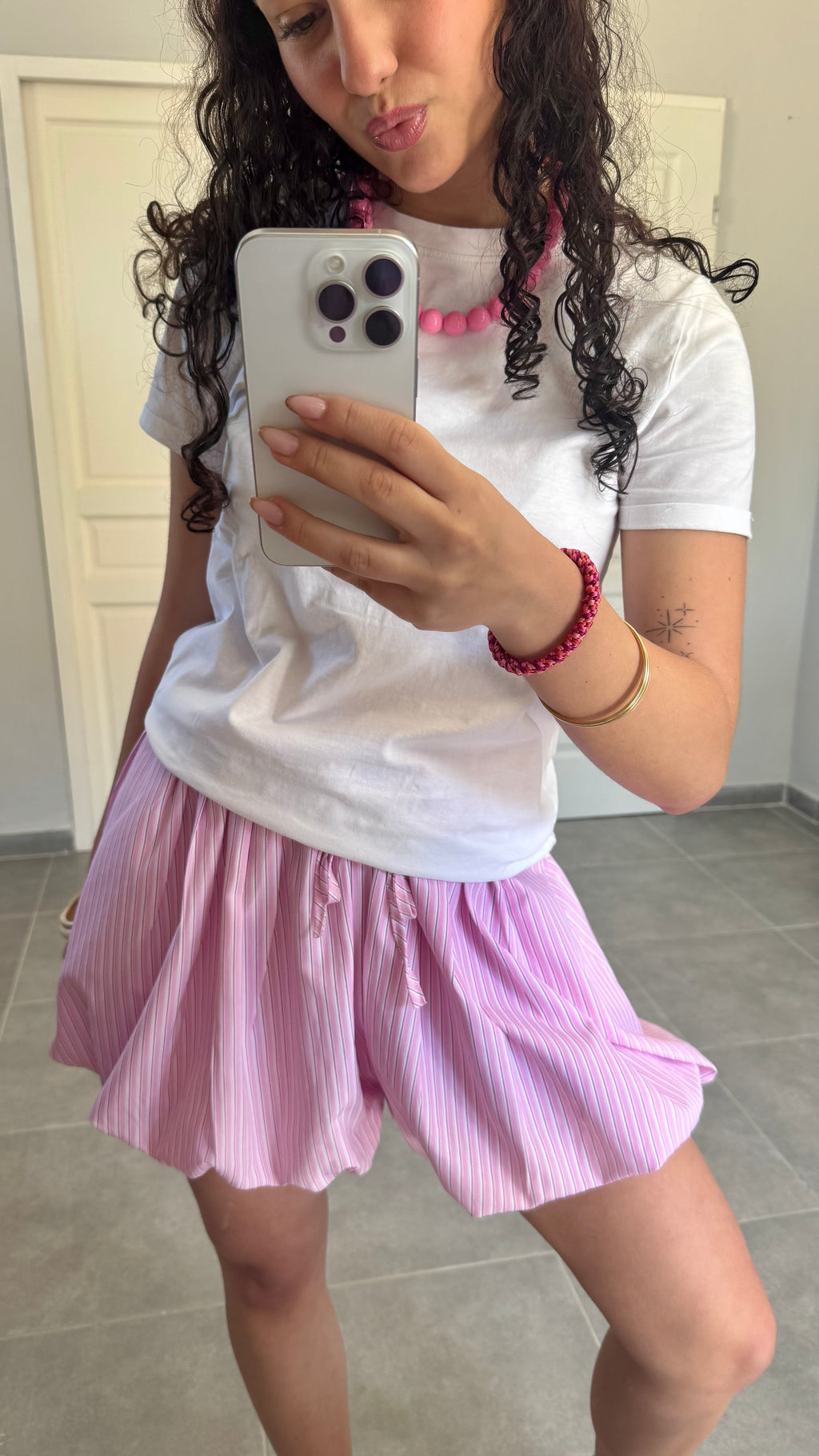 Short Bouffant Rayé Rose