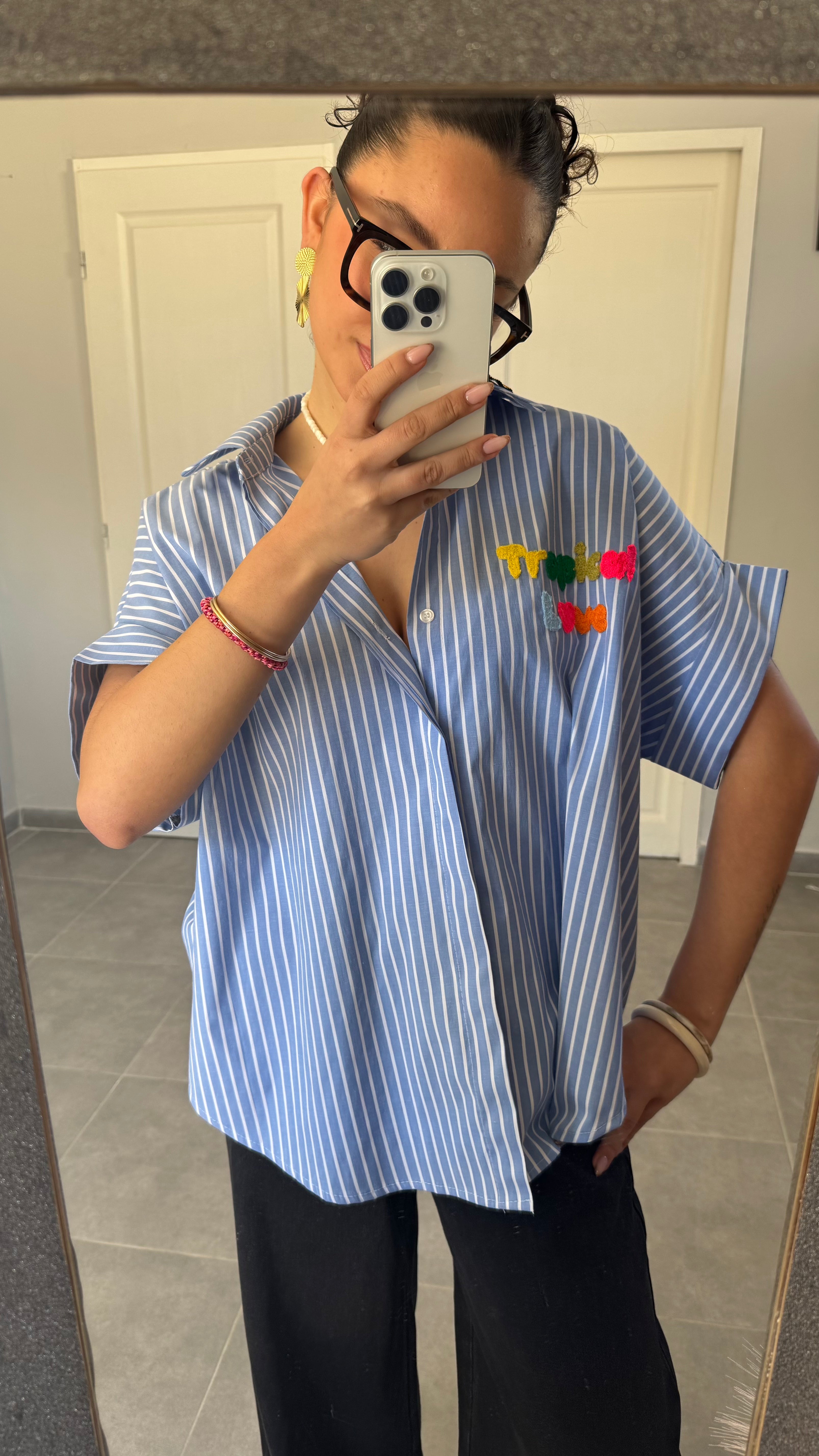 Chemise Tropical Love – Brodée Rayée Bleue