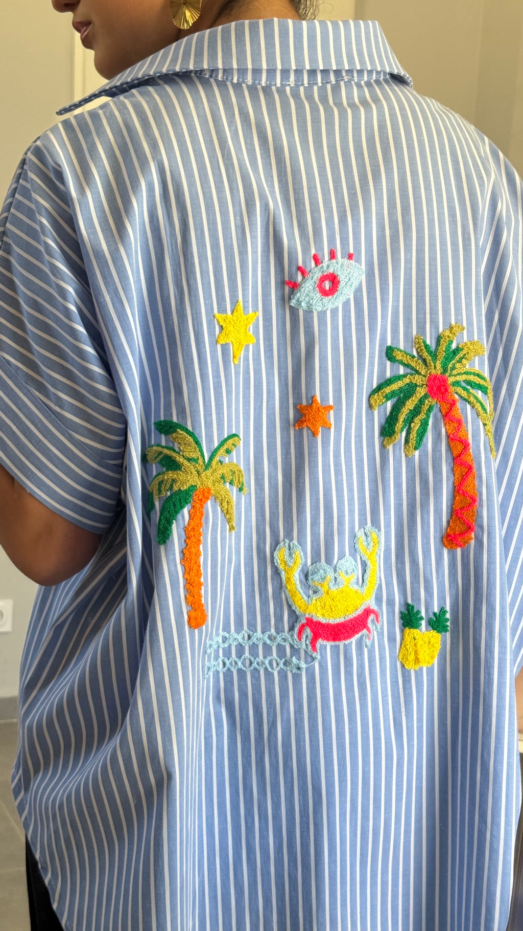 Chemise Tropical Love – Brodée Rayée Bleue